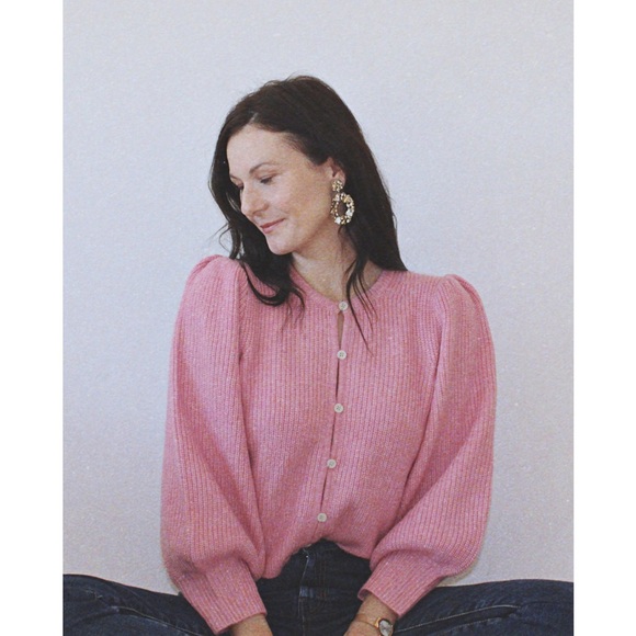 J. Crew | Wool Alpaca Baby Pink Puff Sleeve Cardigan Sweater ~ Large - Picture 5 of 11